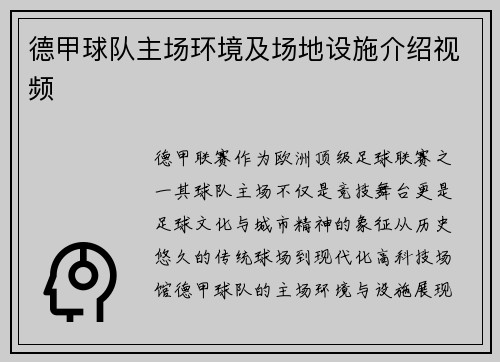 德甲球队主场环境及场地设施介绍视频